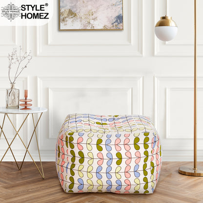 Style Homez Square Ottoman, Cotton Canvas Abstract Printed Bean Bag Ottoman Stool Large Size Filled with Beans, Multi Color