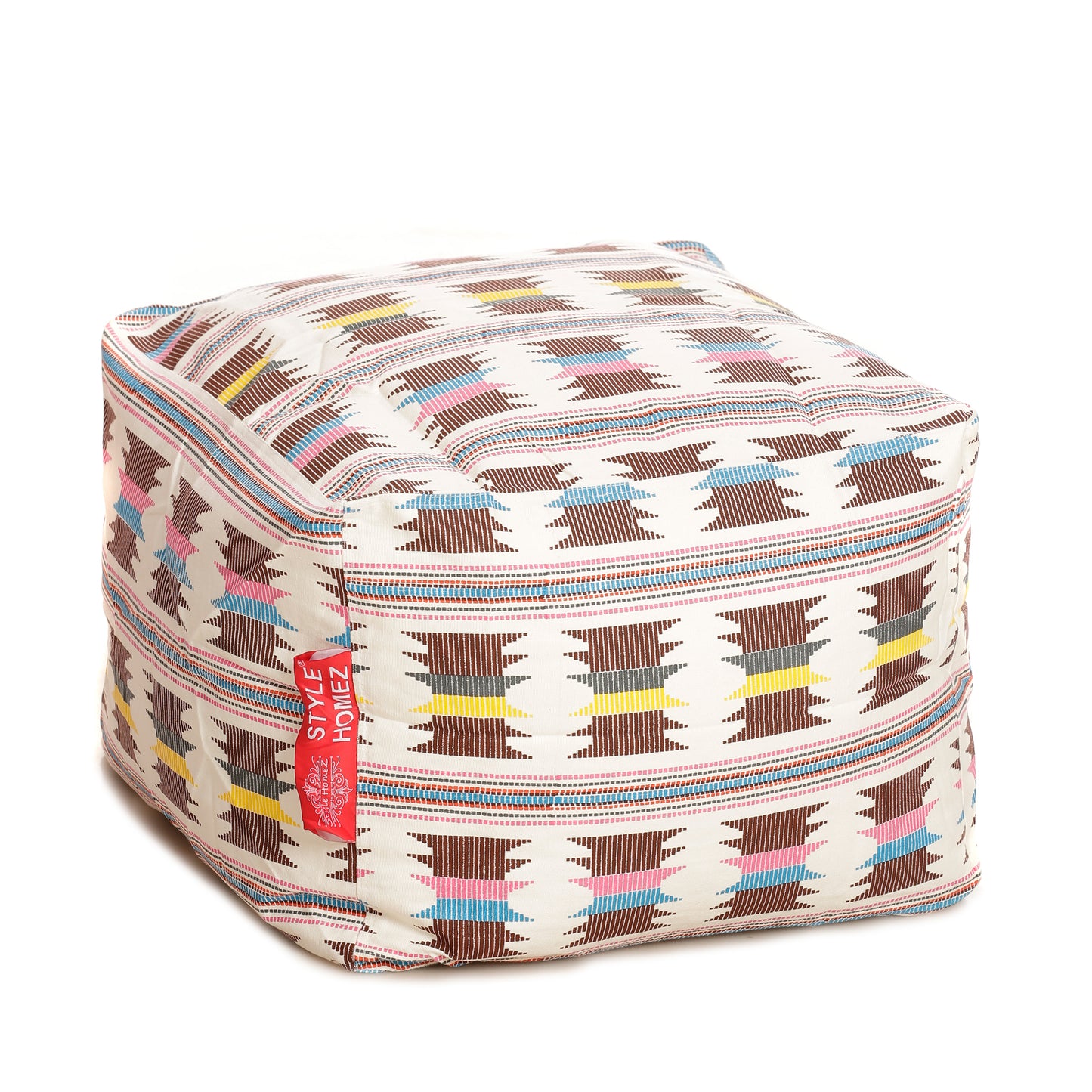 Style Homez Square Ottoman, Cotton Canvas IKAT Printed Bean Bag Ottoman Stool Large Size Filled with Beans, Maroon Yellow Color