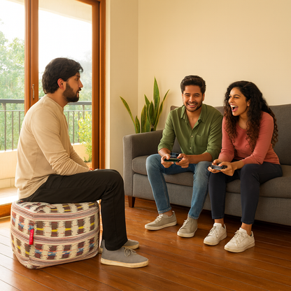 Style Homez Square Ottoman, Cotton Canvas IKAT Printed Bean Bag Ottoman Stool Large Size Filled with Beans, Maroon Yellow Color
