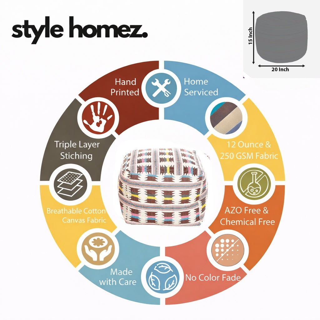 Style Homez Square Ottoman, Cotton Canvas IKAT Printed Bean Bag Ottoman Stool Large Size Filled with Beans, Maroon Yellow Color