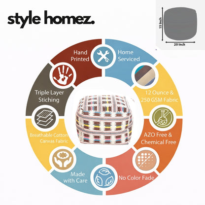 Style Homez Square Ottoman, Cotton Canvas IKAT Printed Bean Bag Ottoman Stool Large Size Filled with Beans, Maroon Yellow Color