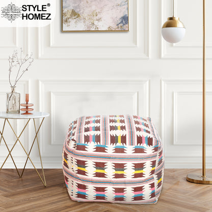 Style Homez Square Ottoman, Cotton Canvas IKAT Printed Bean Bag Ottoman Stool Large Size Filled with Beans, Maroon Yellow Color