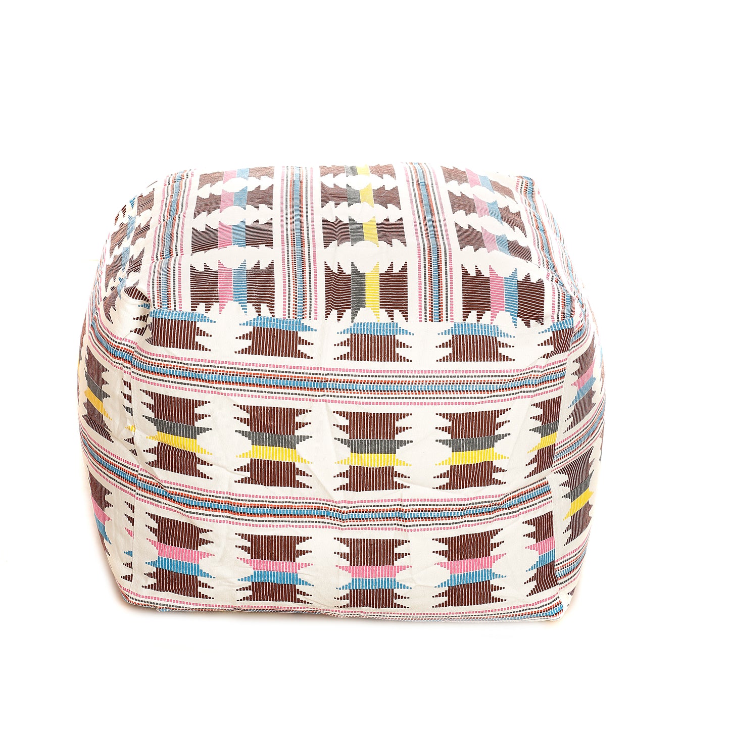 Style Homez Square Ottoman, Cotton Canvas IKAT Printed Bean Bag Ottoman Stool Large Size Filled with Beans, Maroon Yellow Color