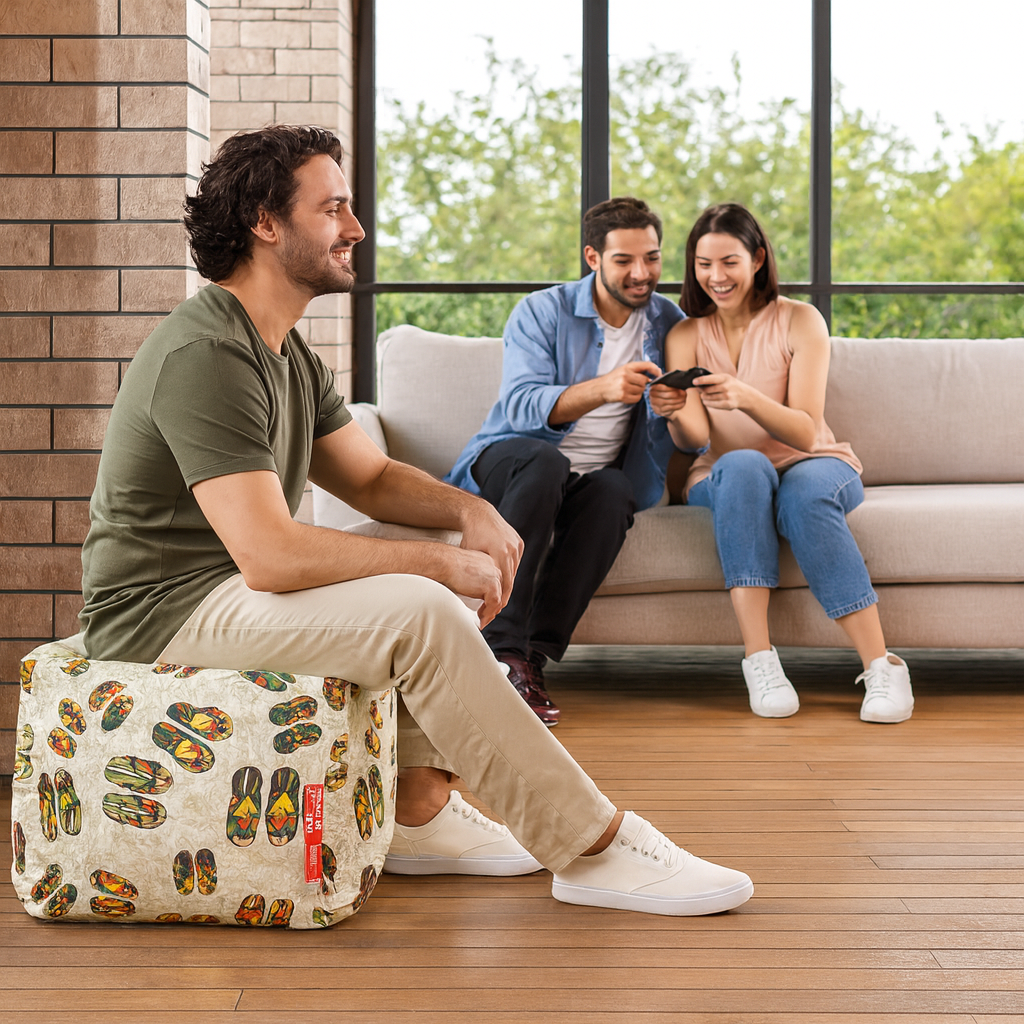 Style Homez Square Ottoman, Cotton Canvas Abstract Printed Bean Bag Ottoman Stool Large Size Filled with Beans, Multi Color