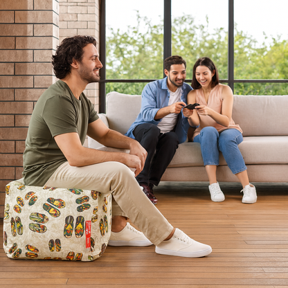 Style Homez Square Ottoman, Cotton Canvas Abstract Printed Bean Bag Ottoman Stool Large Size Filled with Beans, Multi Color