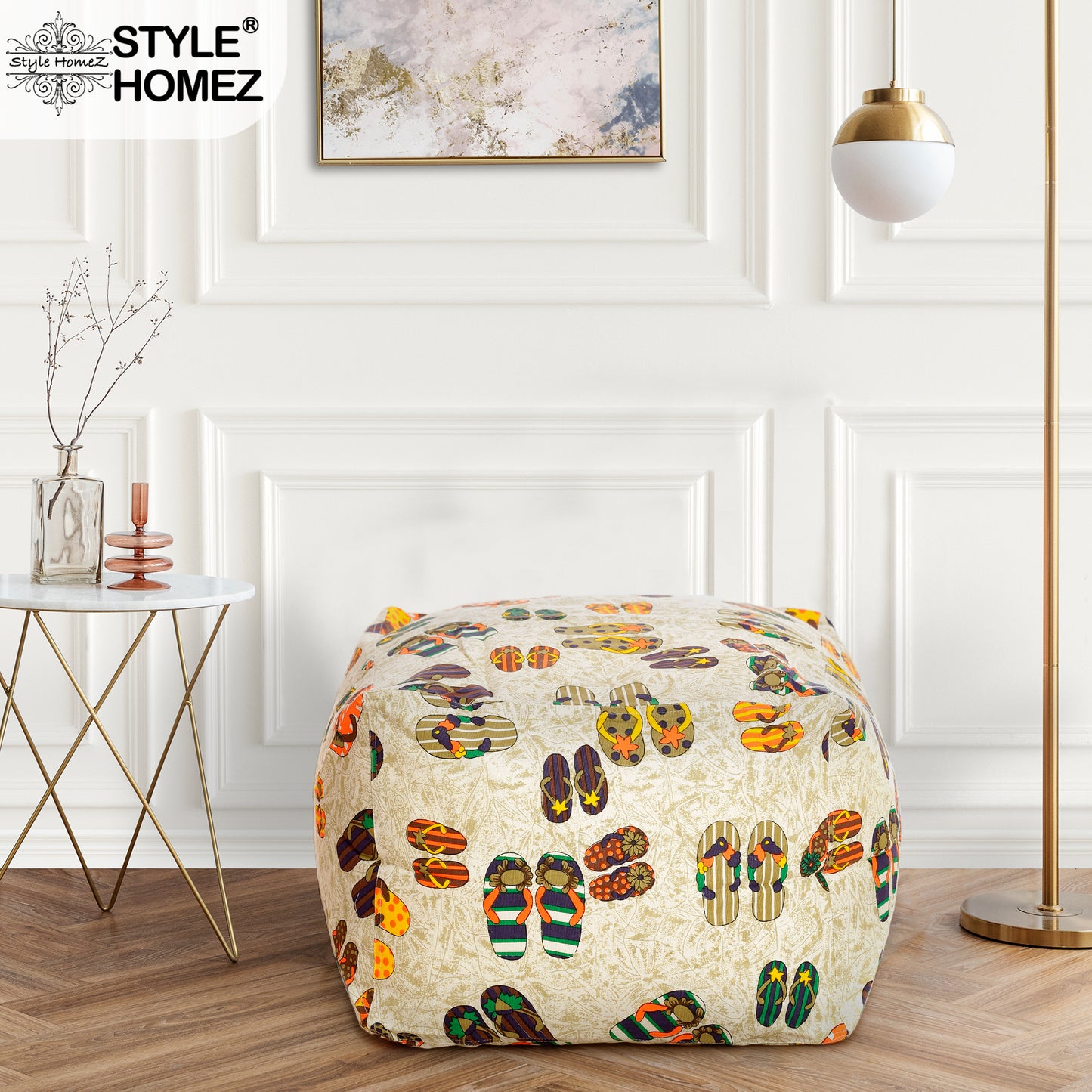 Style Homez Square Ottoman, Cotton Canvas Abstract Printed Bean Bag Ottoman Stool Large Size Filled with Beans, Multi Color