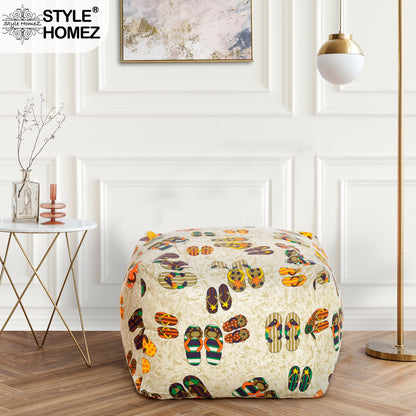 Style Homez Square Ottoman, Cotton Canvas Abstract Printed Bean Bag Ottoman Stool Large Size Filled with Beans, Multi Color