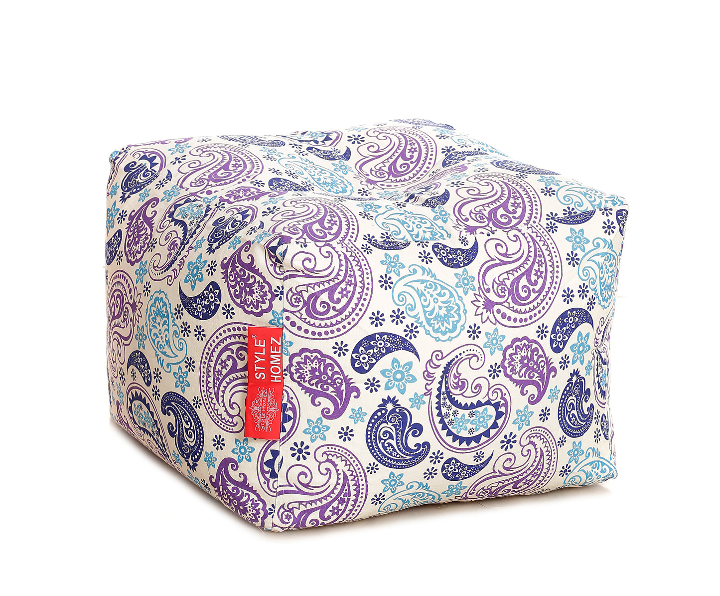 Style Homez Square Ottoman, Cotton Canvas Paisley Printed Bean Bag Ottoman Stool Large Size Filled with Beans, Blue Color
