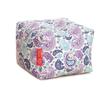 Style Homez Square Ottoman, Cotton Canvas Paisley Printed Bean Bag Ottoman Stool Large Size Filled with Beans, Blue Color
