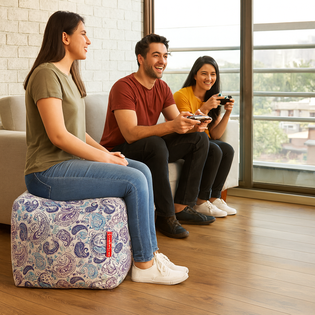 Style Homez Square Ottoman, Cotton Canvas Paisley Printed Bean Bag Ottoman Stool Large Size Filled with Beans, Blue Color