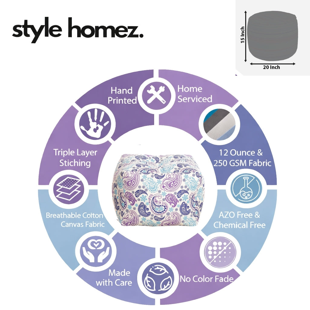 Style Homez Square Ottoman, Cotton Canvas Paisley Printed Bean Bag Ottoman Stool Large Size Filled with Beans, Blue Color