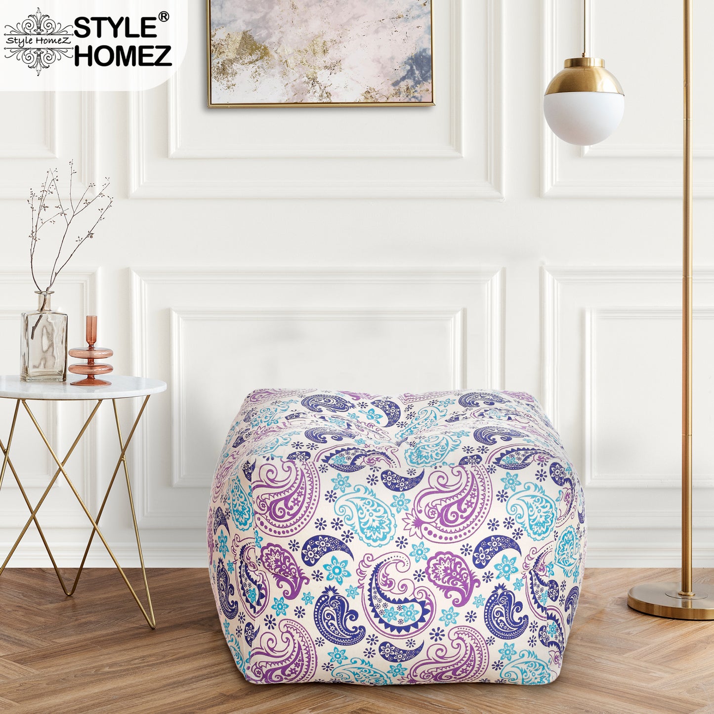 Style Homez Square Ottoman, Cotton Canvas Paisley Printed Bean Bag Ottoman Stool Large Size Filled with Beans, Blue Color