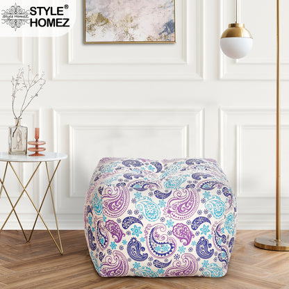 Style Homez Square Ottoman, Cotton Canvas Paisley Printed Bean Bag Ottoman Stool Large Size Filled with Beans, Blue Color