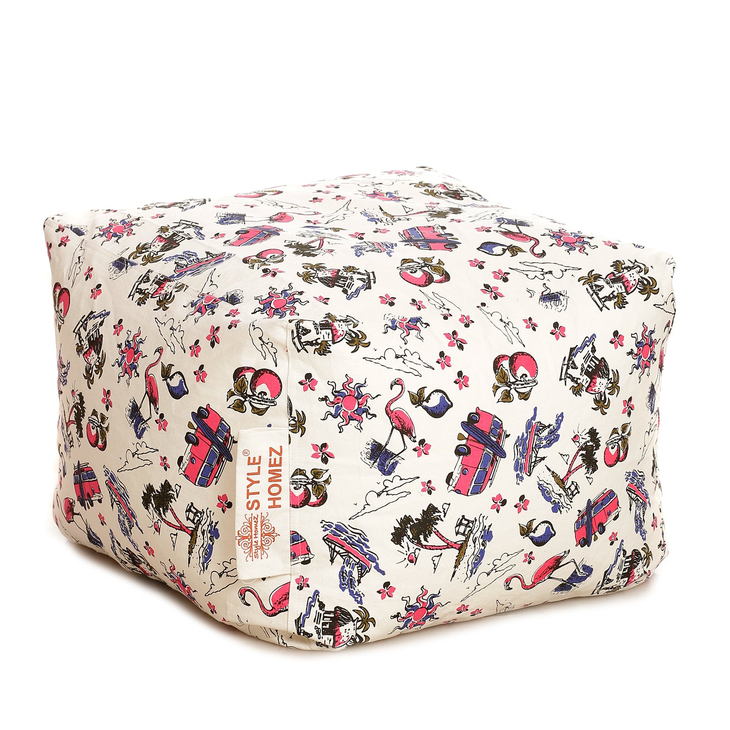 Style Homez Square Ottoman, Cotton Canvas Abstract Printed Bean Bag Ottoman Stool Large Size Filled with Beans, Multi Color