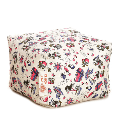 Style Homez Square Ottoman, Cotton Canvas Abstract Printed Bean Bag Ottoman Stool Large Size Filled with Beans, Multi Color