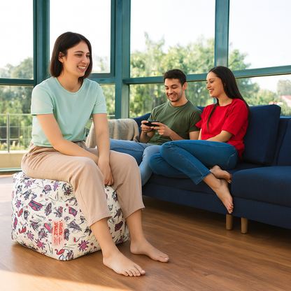Style Homez Square Ottoman, Cotton Canvas Abstract Printed Bean Bag Ottoman Stool Large Size Filled with Beans, Multi Color