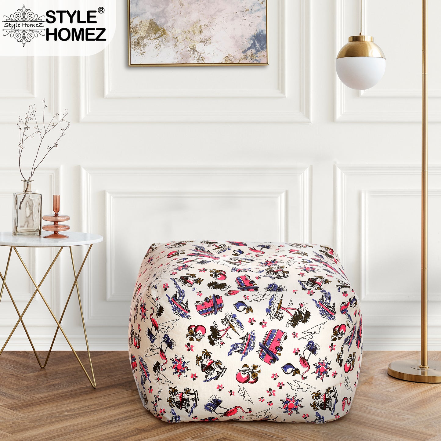 Style Homez Square Ottoman, Cotton Canvas Abstract Printed Bean Bag Ottoman Stool Large Size Filled with Beans, Multi Color