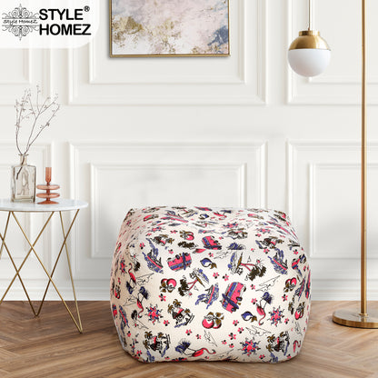 Style Homez Square Ottoman, Cotton Canvas Abstract Printed Bean Bag Ottoman Stool Large Size Filled with Beans, Multi Color