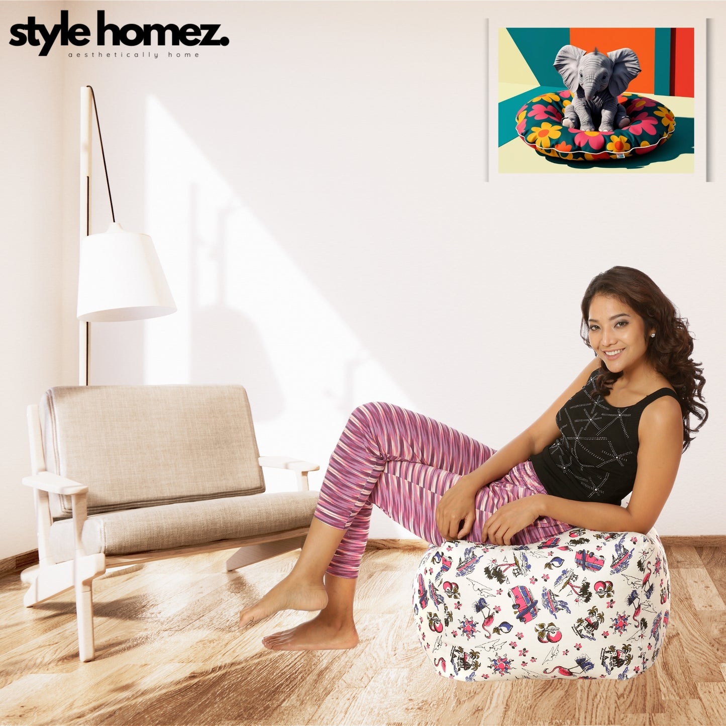 Style Homez Square Ottoman, Cotton Canvas Abstract Printed Bean Bag Ottoman Stool Large Size Filled with Beans, Multi Color