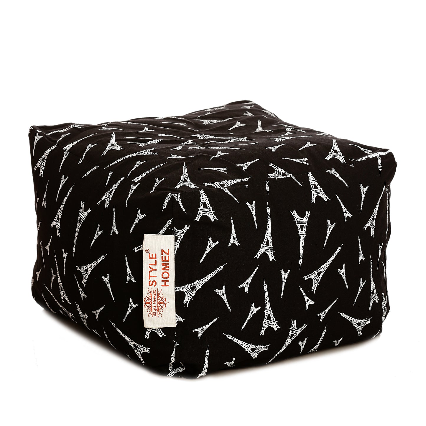 Style Homez Square Ottoman, Cotton Canvas Abstract Printed Bean Bag Ottoman Stool Large Size Filled with Beans, Black Color