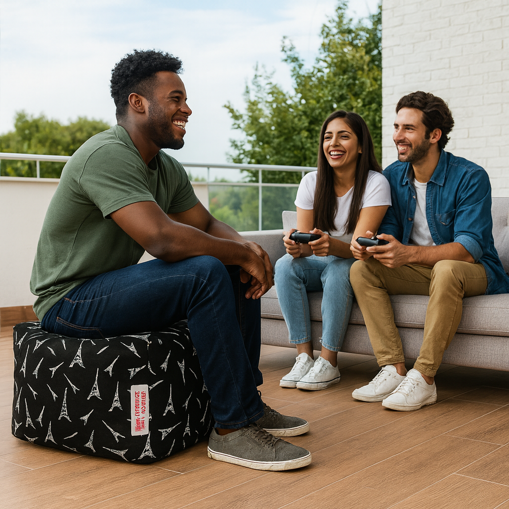 Style Homez Square Ottoman, Cotton Canvas Abstract Printed Bean Bag Ottoman Stool Large Size Filled with Beans, Black Color