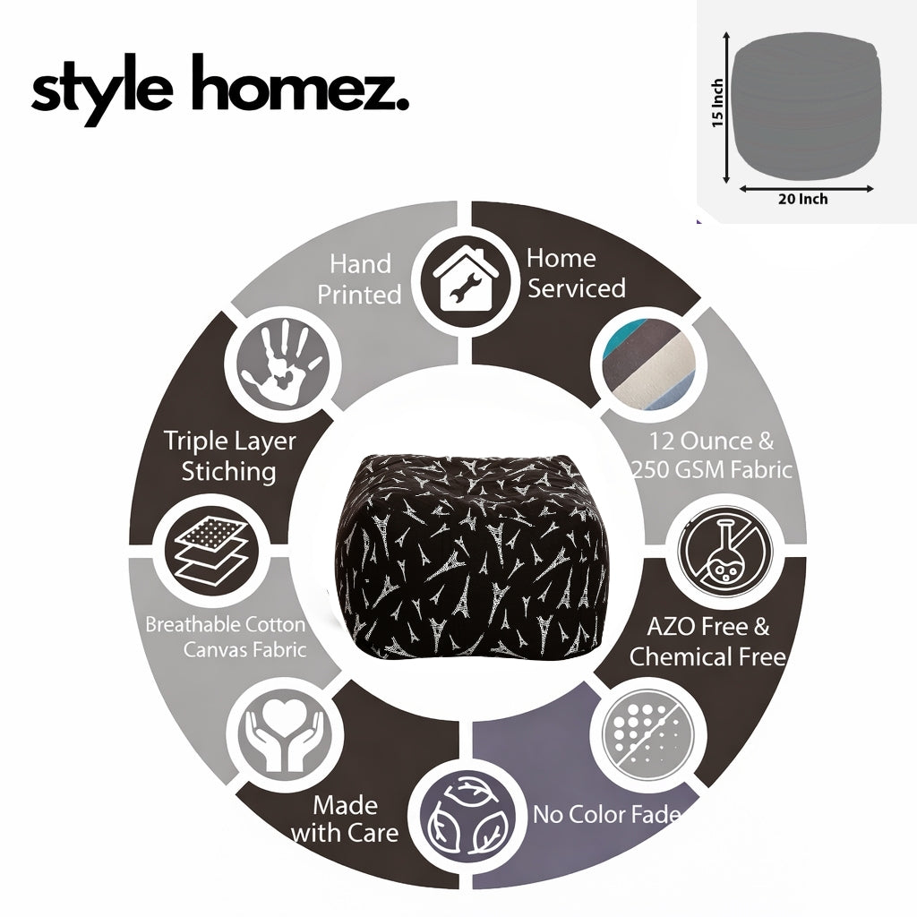 Style Homez Square Ottoman, Cotton Canvas Abstract Printed Bean Bag Ottoman Stool Large Size Filled with Beans, Black Color