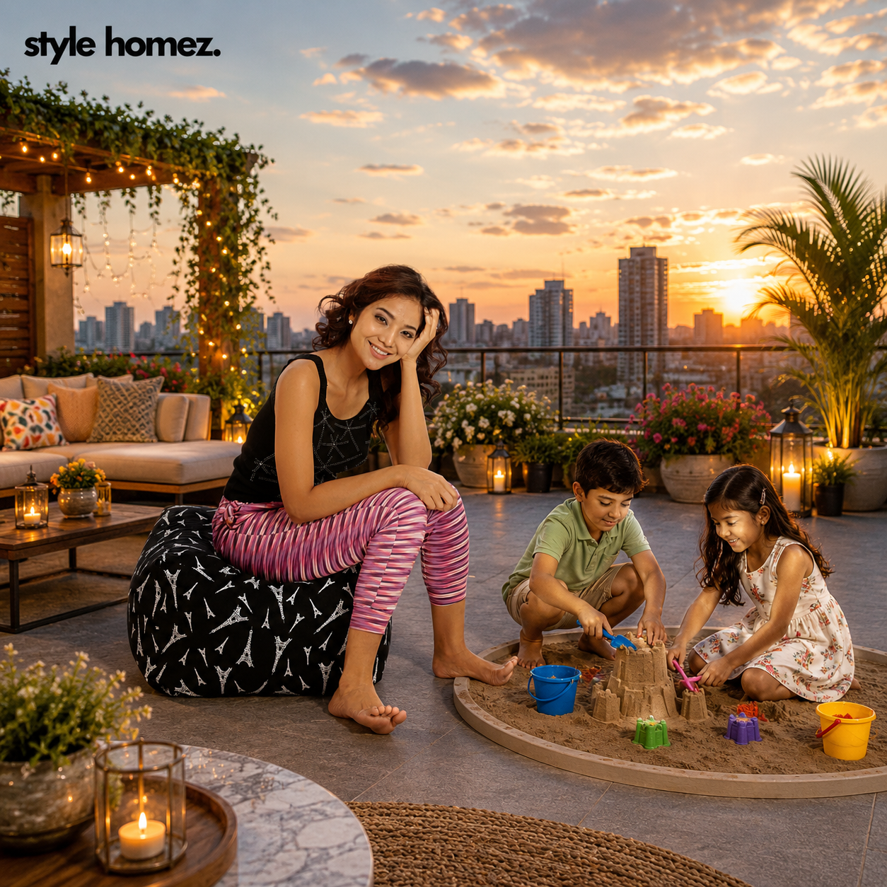 Style Homez Square Ottoman, Cotton Canvas Abstract Printed Bean Bag Ottoman Stool Large Size Filled with Beans, Black Color