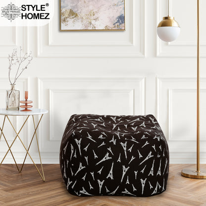 Style Homez Square Ottoman, Cotton Canvas Abstract Printed Bean Bag Ottoman Stool Large Size Filled with Beans, Black Color