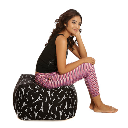 Style Homez Square Ottoman, Cotton Canvas Abstract Printed Bean Bag Ottoman Stool Large Size Filled with Beans, Black Color