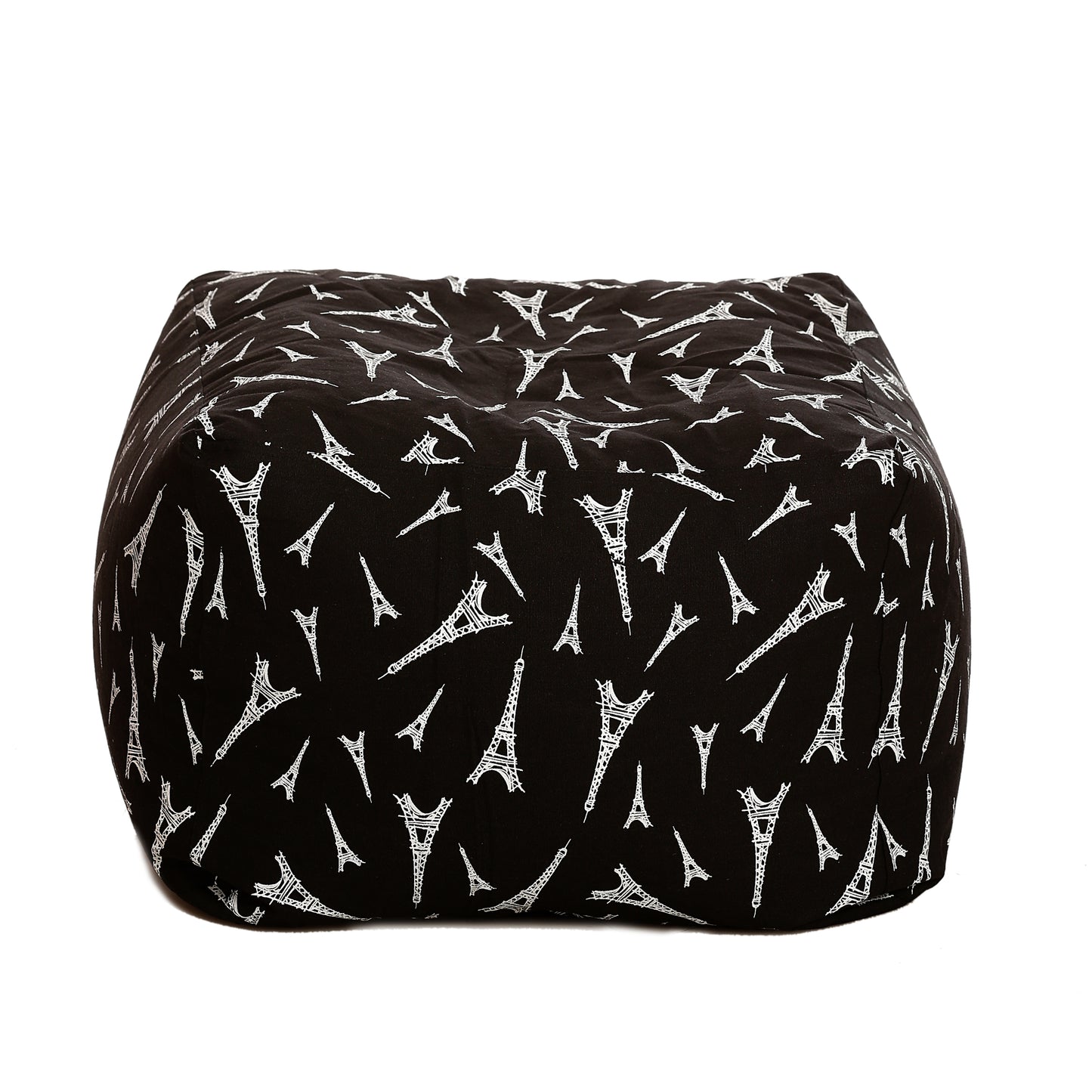 Style Homez Square Ottoman, Cotton Canvas Abstract Printed Bean Bag Ottoman Stool Large Size Filled with Beans, Black Color