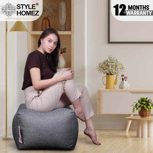 Style Homez ORGANIX Collection, Square Poof Bean Bag Ottoman Stool Large Size Grey Color in Organic Jute Fabric, Filled with Beans Fillers
