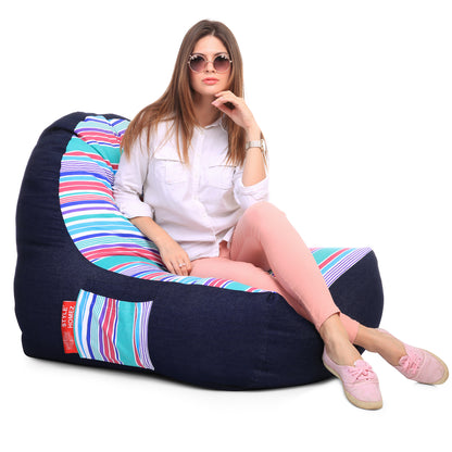 Style Homez Urban Design Denim Canvas Stripes Printed Chair Bean Bag XXL Size Filled with Beans Fillers
