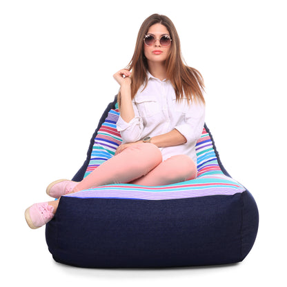 Style Homez Urban Design Denim Canvas Stripes Printed Chair Bean Bag XXL Size Filled with Beans Fillers