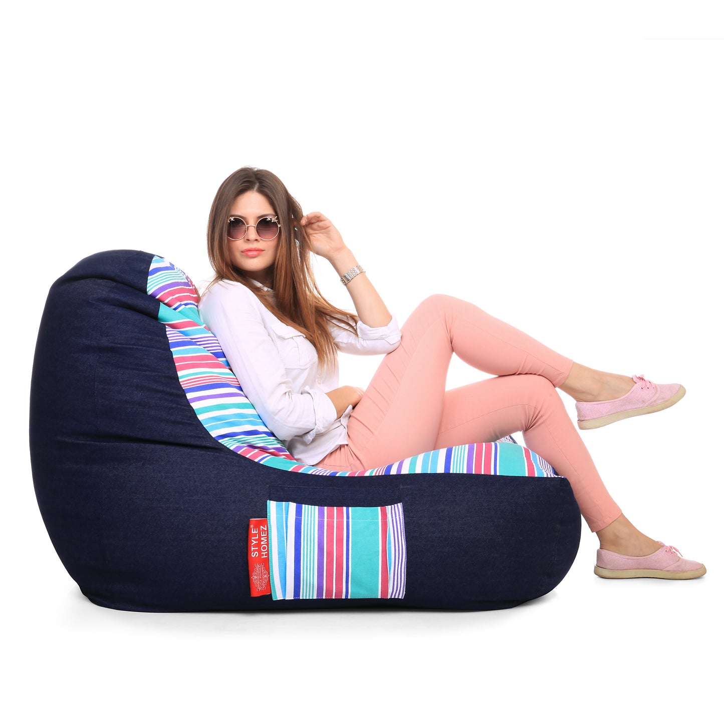 Style Homez Urban Design Denim Canvas Stripes Printed Chair Bean Bag XXL Size Filled with Beans Fillers