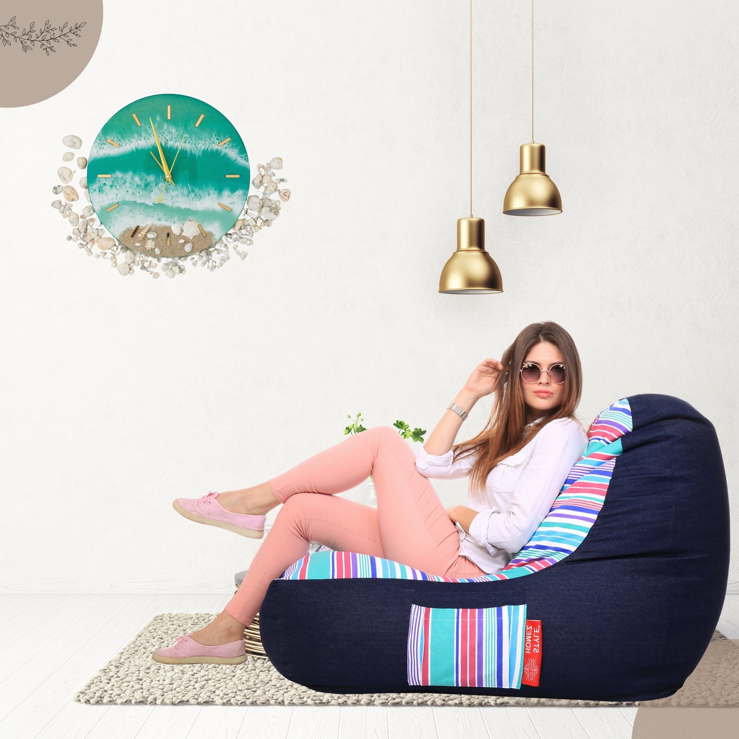 Style Homez Urban Design Denim Canvas Stripes Printed Chair Bean Bag XXL Size Filled with Beans Fillers