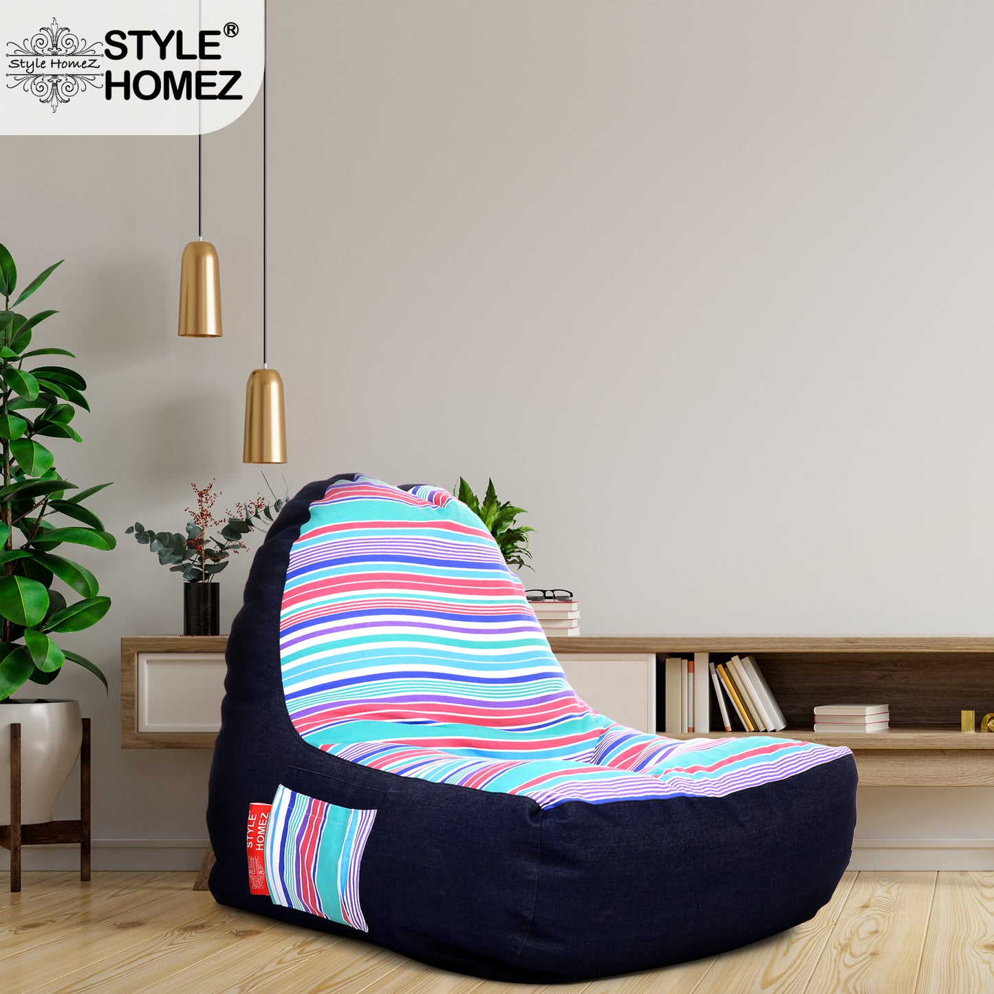 Style Homez Urban Design Denim Canvas Stripes Printed Chair Bean Bag XXL Size Filled with Beans Fillers