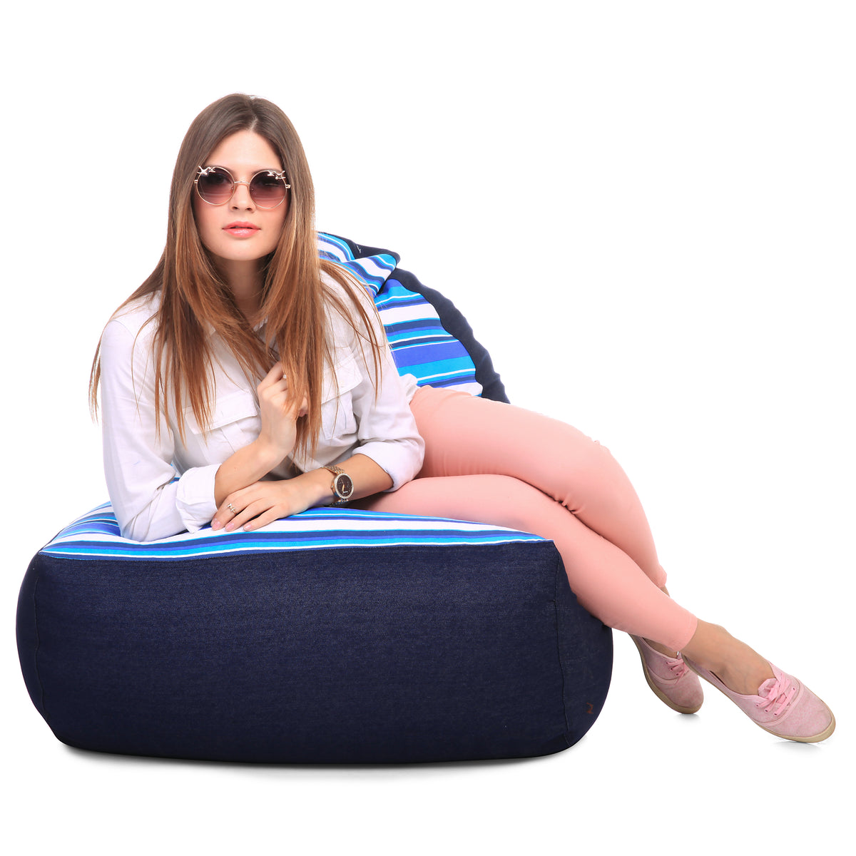 Style Homez Urban Design Denim Canvas Stripes Printed Chair Bean Bag XXL Size Cover Only