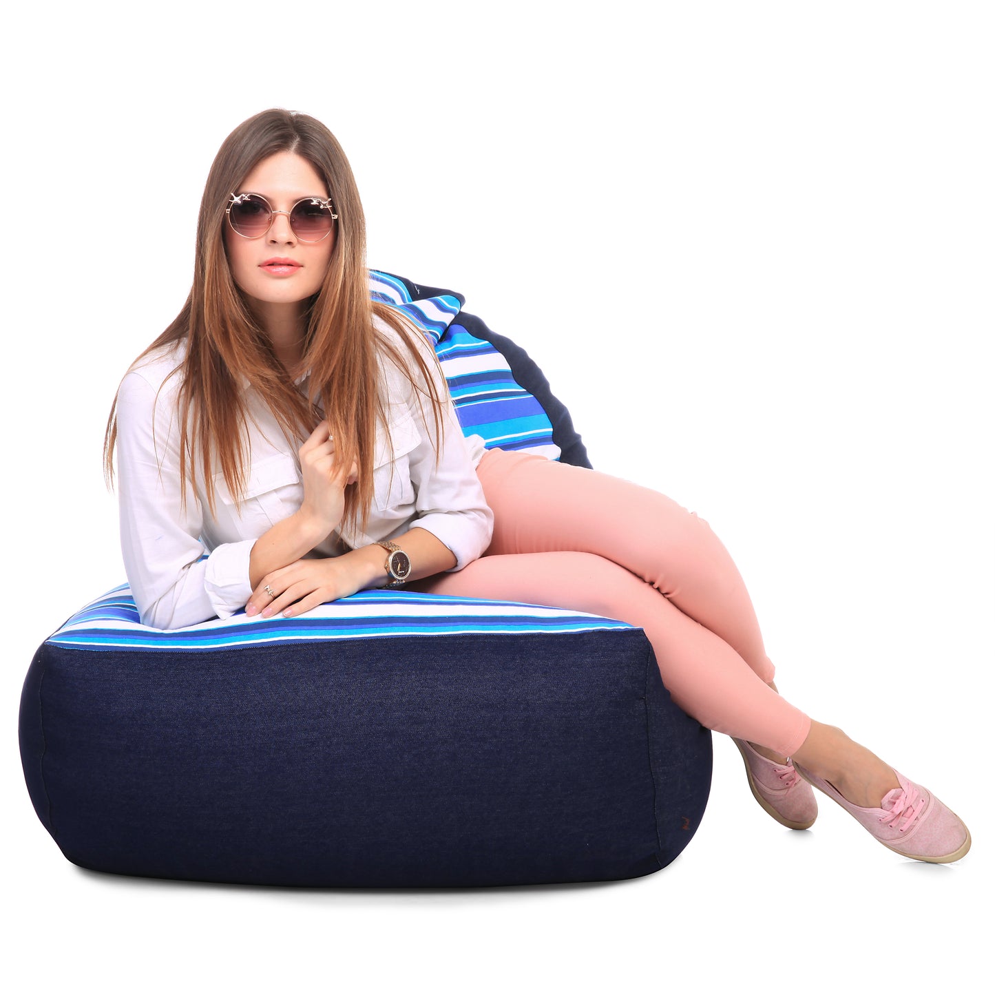 Style Homez Urban Design Denim Canvas Stripes Printed Chair Bean Bag XXL Size Filled with Beans Fillers