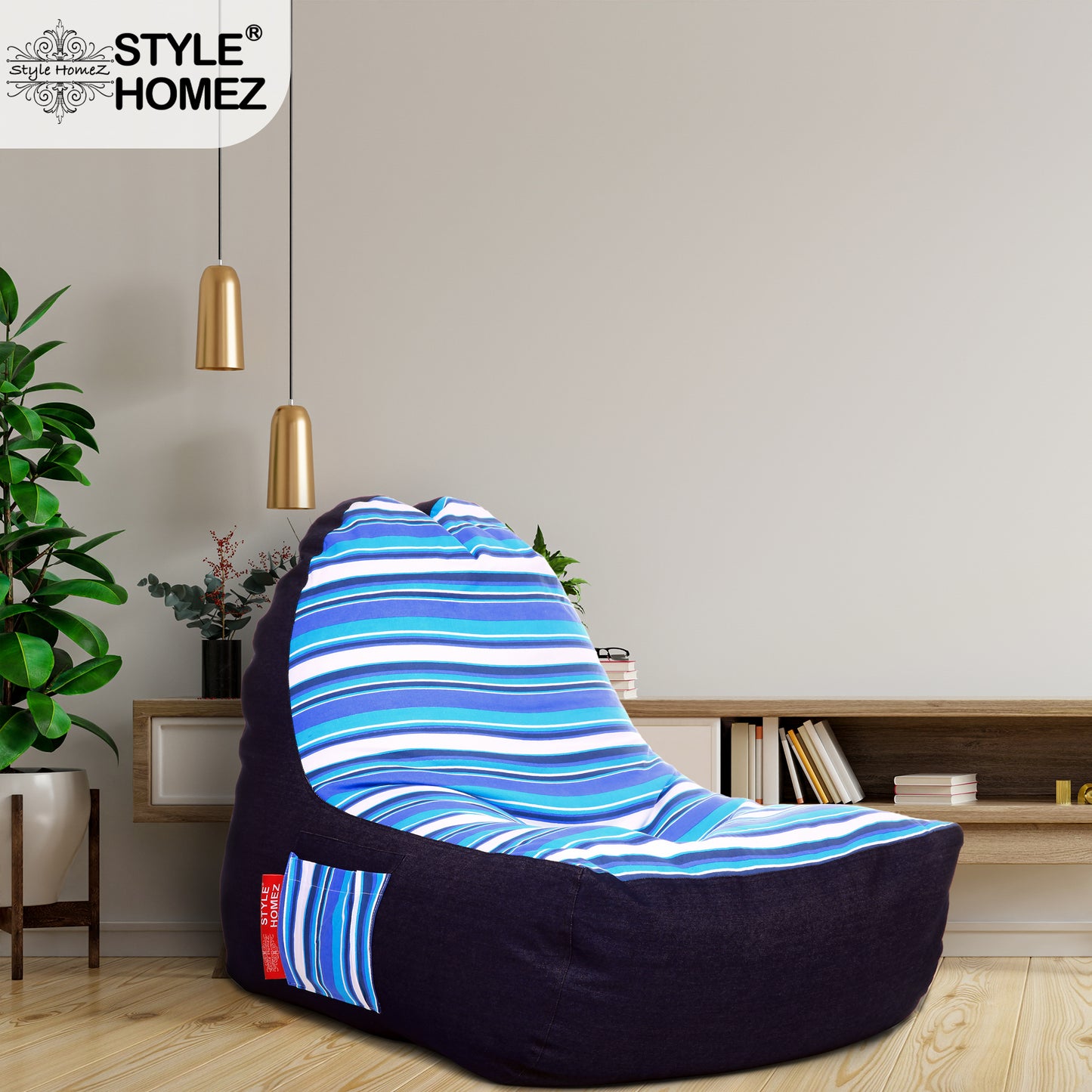 Style Homez Urban Design Denim Canvas Stripes Printed Chair Bean Bag XXL Size Filled with Beans Fillers