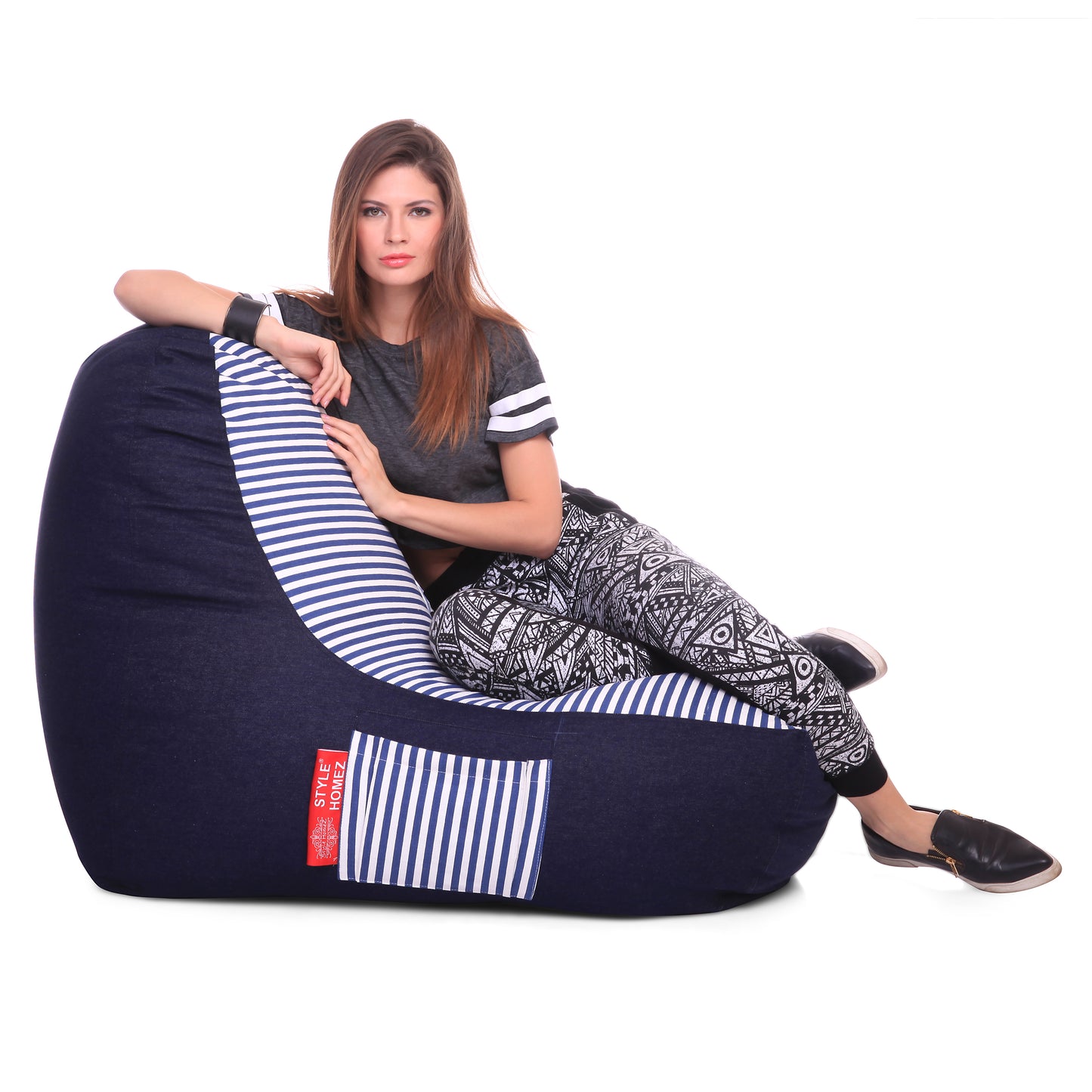 Style Homez Urban Design Denim Canvas Stripes Printed Chair Bean Bag XXL Size Filled with Beans Fillers