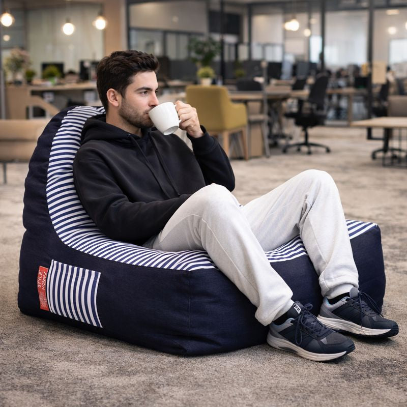 Style Homez Urban Design Denim Canvas Stripes Printed Chair Bean Bag XXL Size Filled with Beans Fillers