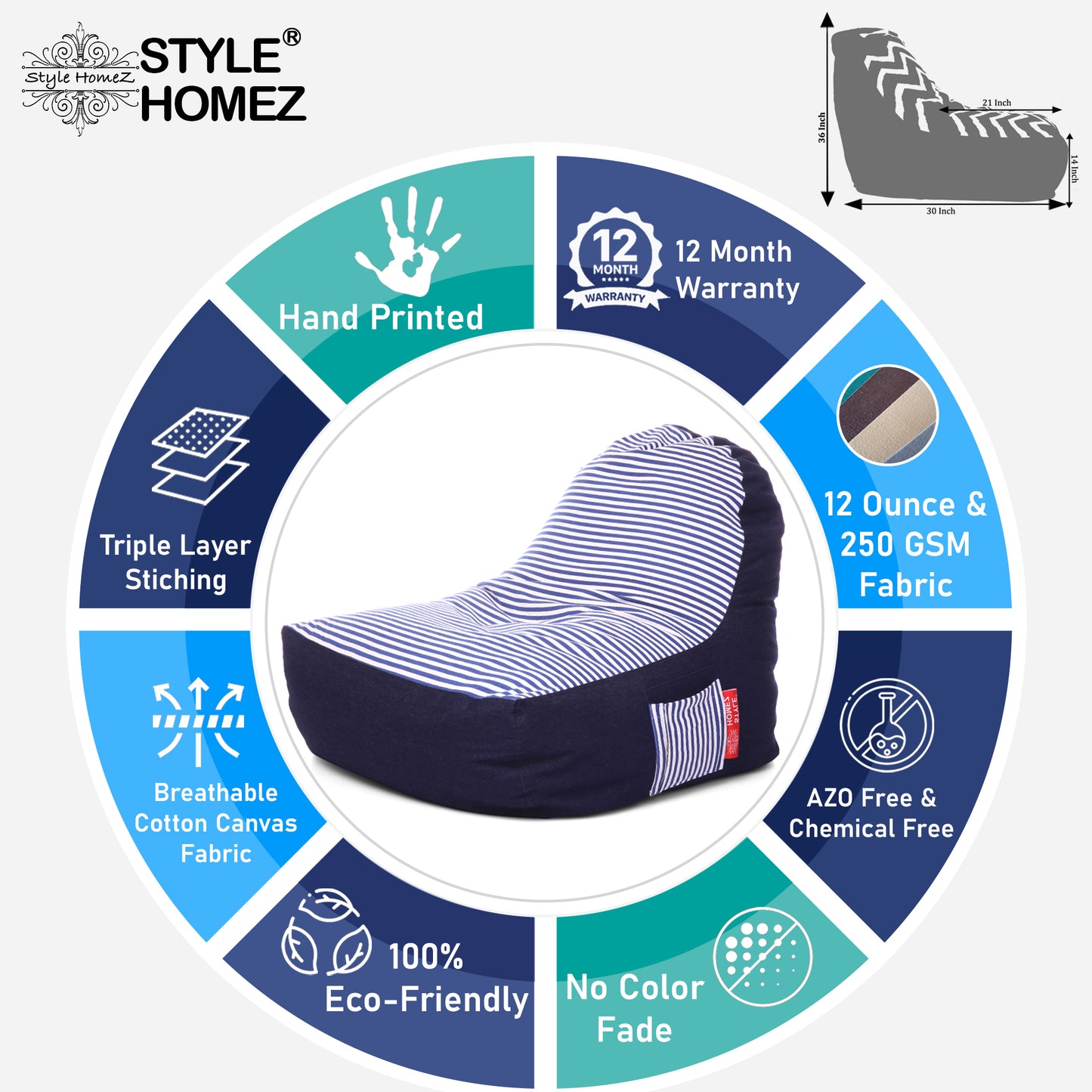 Style Homez Urban Design Denim Canvas Stripes Printed Chair Bean Bag XXL Size Filled with Beans Fillers