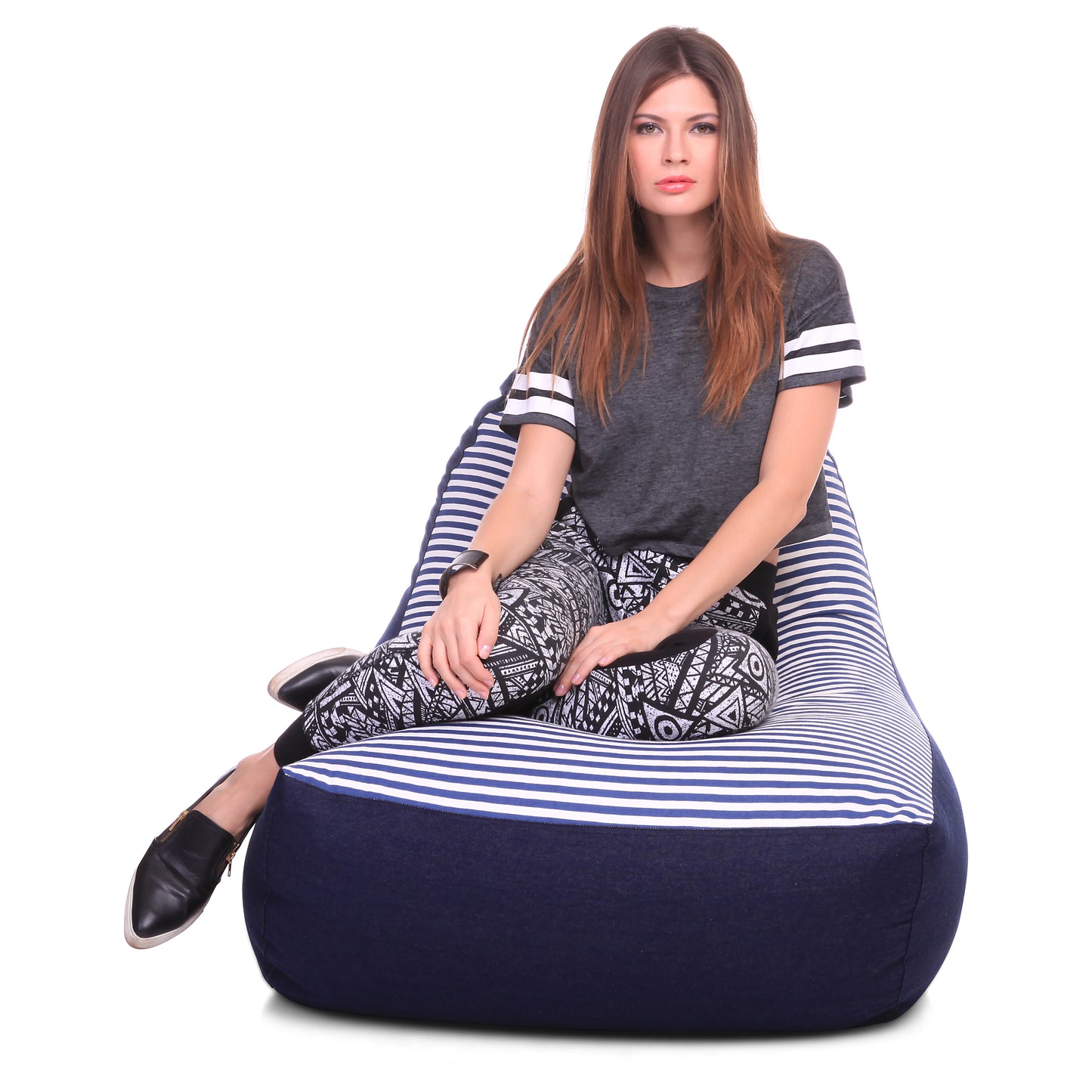 Style Homez Urban Design Denim Canvas Stripes Printed Chair Bean Bag XXL Size Filled with Beans Fillers