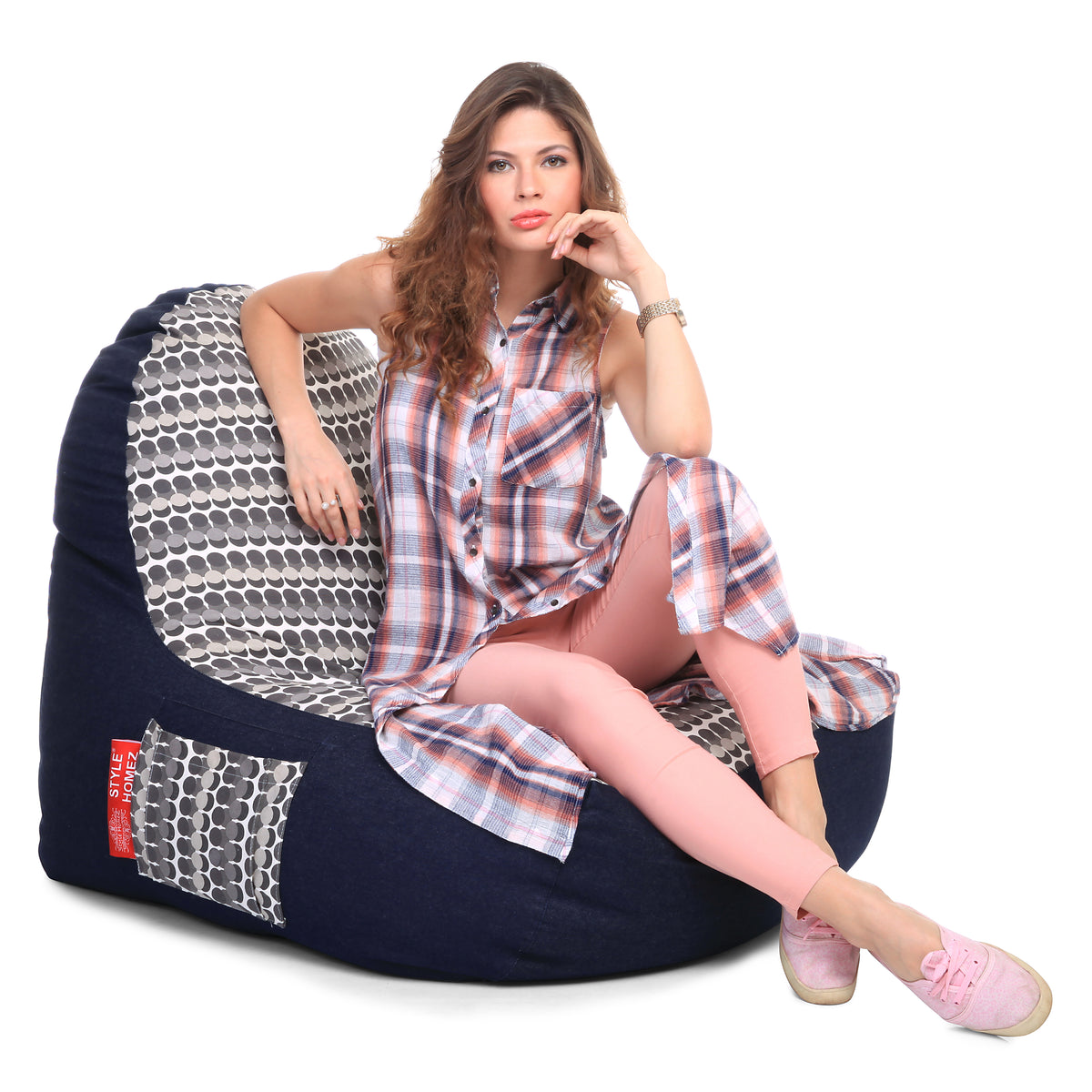 Style Homez Urban Design Denim Canvas Polka Dots Printed Chair Bean Bag XXL Size Cover Only