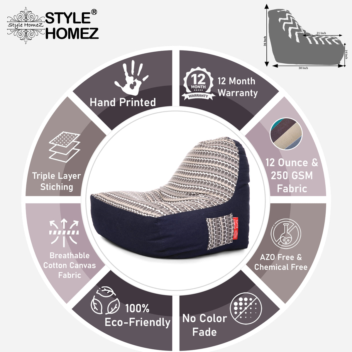 Style Homez Urban Design Denim Canvas Polka Dots Printed Chair Bean Bag XXL Size Cover Only