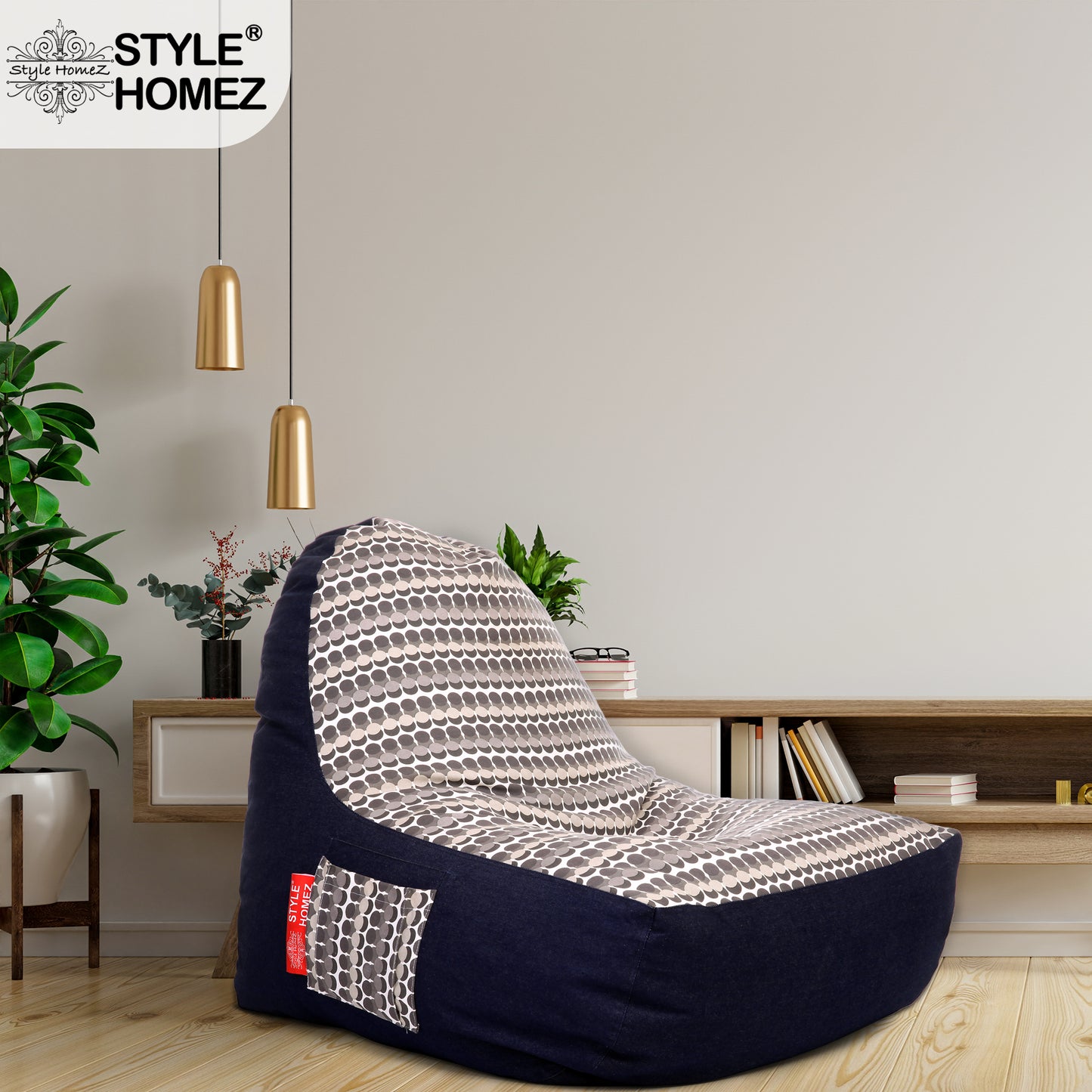 Style Homez Urban Design Denim Canvas Polka Dots Printed Chair Bean Bag XXL Size Filled with Beans Fillers