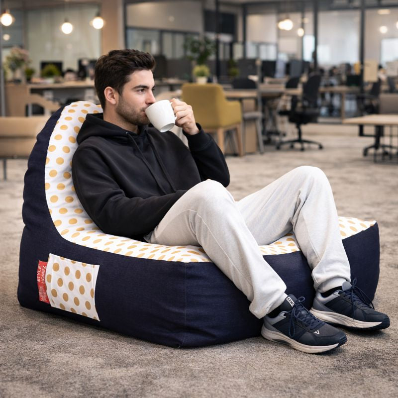 Style Homez Urban Design Denim Canvas Polka Dots Printed Chair Bean Bag XXL Size Filled with Beans Fillers