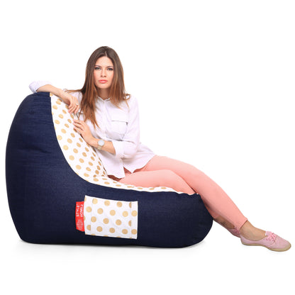 Style Homez Urban Design Denim Canvas Polka Dots Printed Chair Bean Bag XXL Size Filled with Beans Fillers