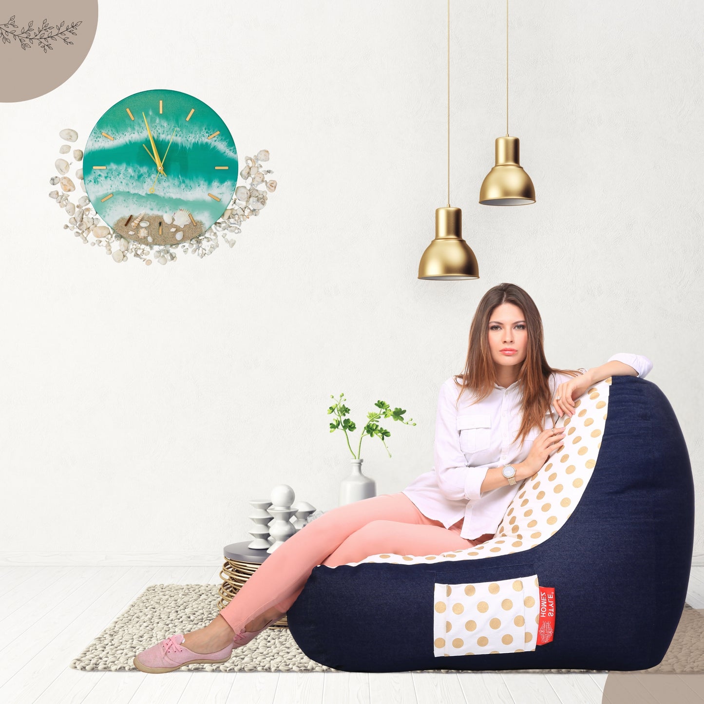 Style Homez Urban Design Denim Canvas Polka Dots Printed Chair Bean Bag XXL Size Filled with Beans Fillers
