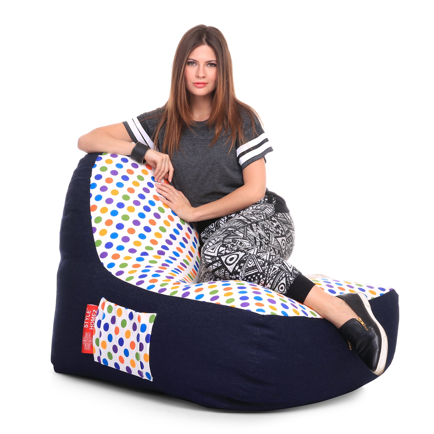 Style Homez Urban Design Denim Canvas Polka Dots Printed Chair Bean Bag XXL Size Filled with Beans Fillers